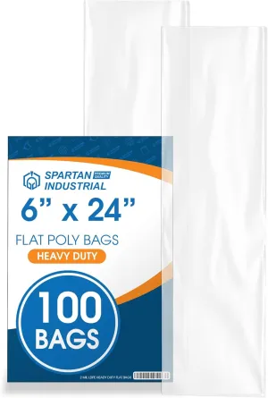 Spartan Industrial - 6” X 24” (100 Count) 2 Mil Heavy Duty Flat Open End Clear Plastic Poly Bags - For Wigs, Popcorn, Posters and More (Bags DO NOT Have Seal & DO NOT Have Prints)