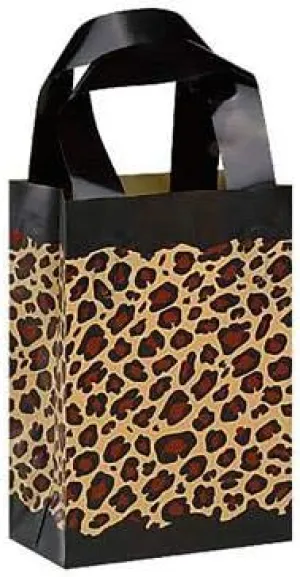SSWBasics Leopard Frosted Plastic Shopping Bags - Vibrant Leopard Print Gift Bags, Exotic 5" x 3" x 7" High Density Polyethylene Leopard Gift Bag, Fun Rose Size Animal Print