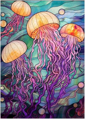 Stained Glass Jelly Fish Jigsaw Puzzle 300/500/1000 Piece (1000pc (50×75cm))