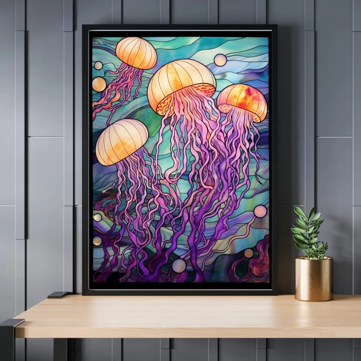 Stained Glass Jelly Fish Jigsaw Puzzle 300/500/1000 Piece (1000pc (50×75cm))