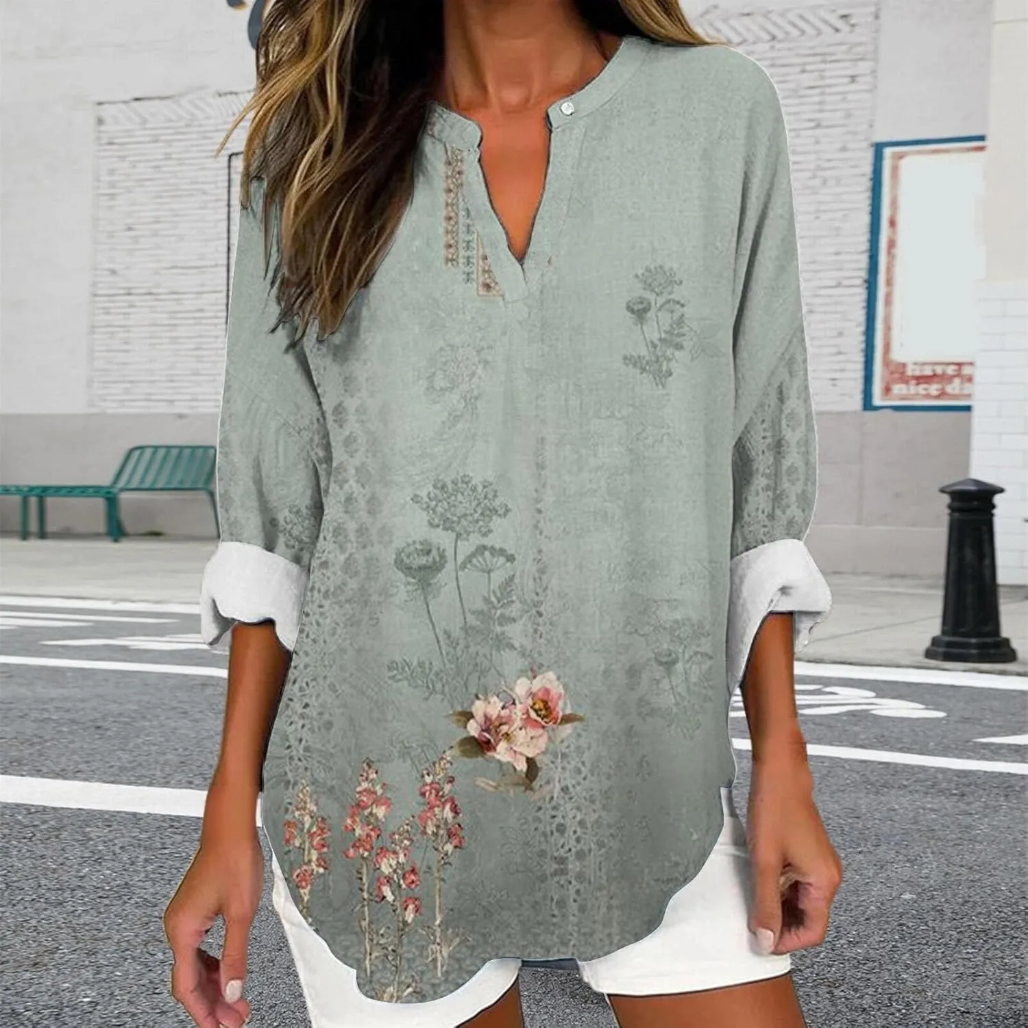 Striped Print Tees Summer Blouses Sleeve Cotton Faux Oversized T Shirt Cute Solid Three Quarter Length Tunic Tops