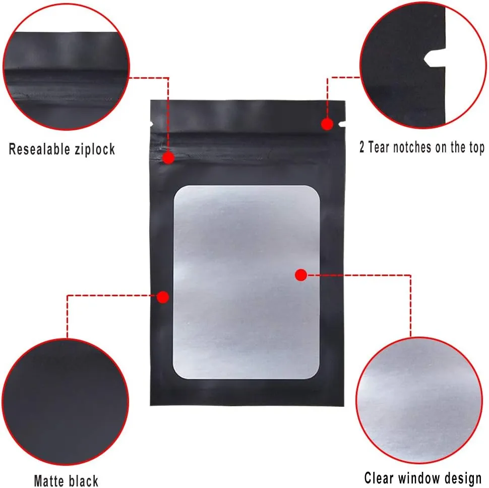 STUs 100 Pack Smell Proof Bags 3 x 4.7 Inch Resealable Mylar Bags with Clear Window Foil Pouch Bag Flat Bag Matte Black