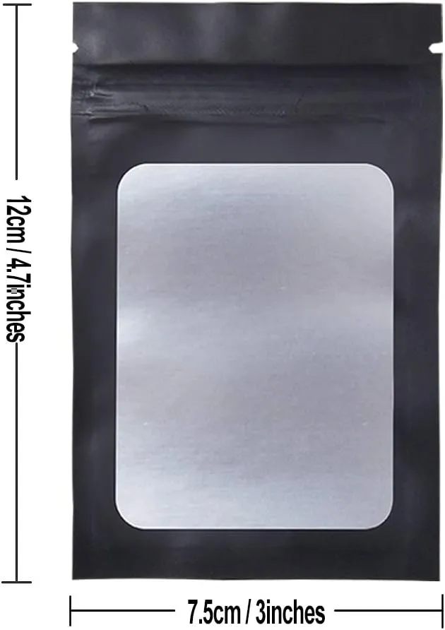 STUs 100 Pack Smell Proof Bags 3 x 4.7 Inch Resealable Mylar Bags with Clear Window Foil Pouch Bag Flat Bag Matte Black