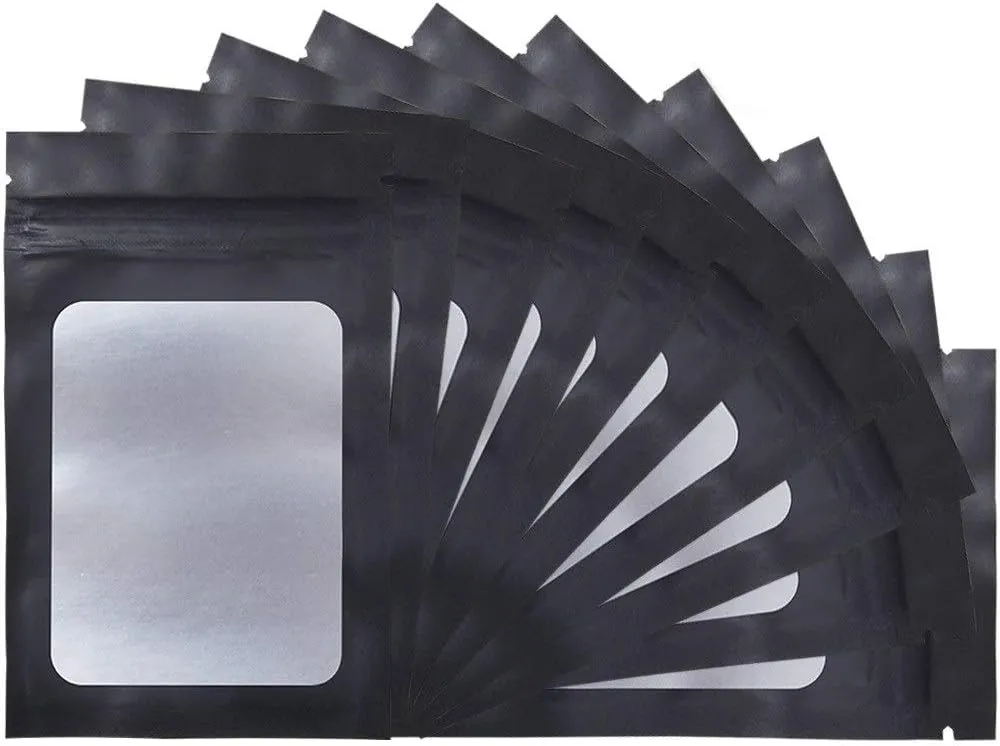 STUs 100 Pack Smell Proof Bags 3 x 4.7 Inch Resealable Mylar Bags with Clear Window Foil Pouch Bag Flat Bag Matte Black