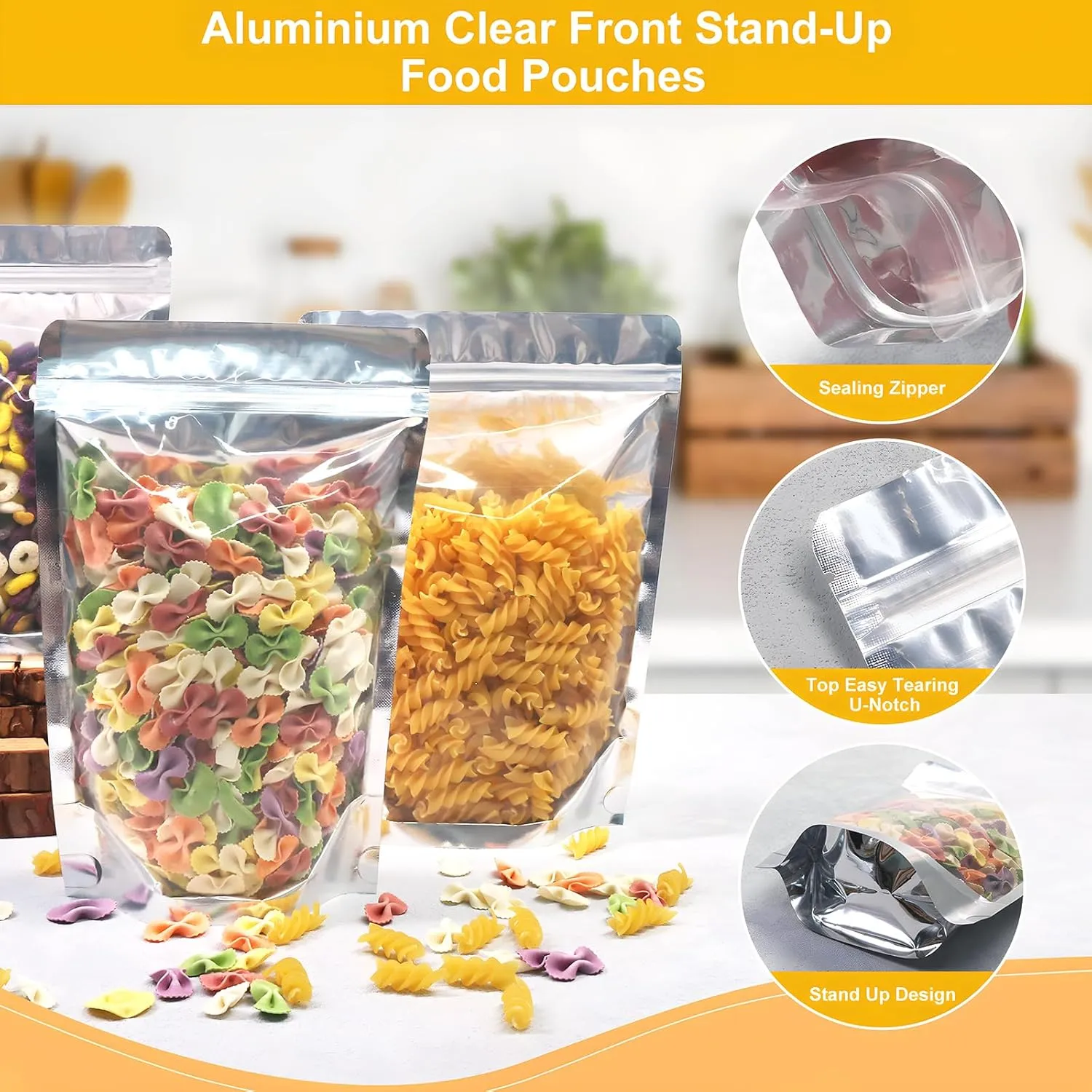 SumDirect Reusable Aluminium Foil Zipper Stand Up Food Pouches Bags with Notch for Food Storage 5.1x 7.8 Inches, 11.5oz, Pack of 50