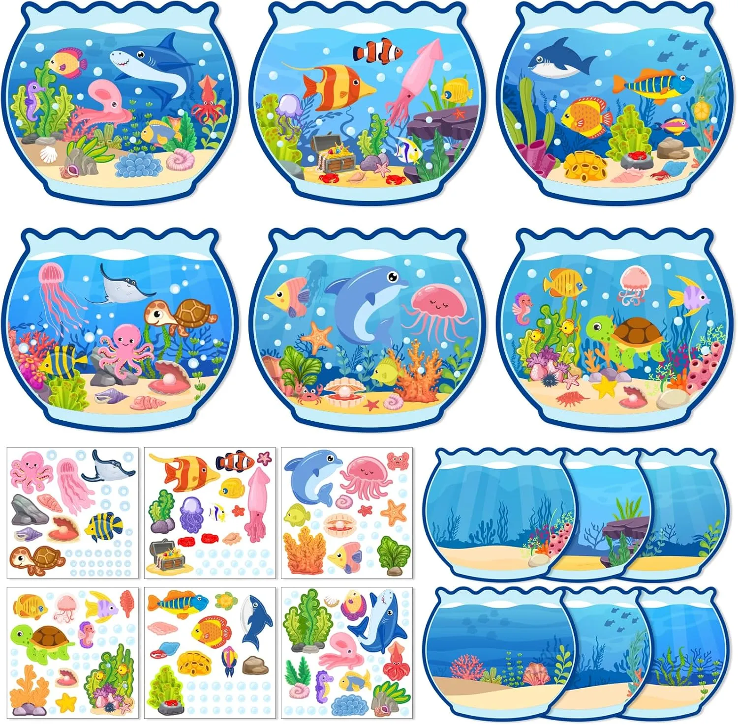 Summer Craft Kits for Kids Make A Ocean Animals Worlds Stickers Scene, Summer Craft Under The Sea Scene Sticker Shark Tropical Fish Sea Animal Bulk Set for Home Classroom Game Activities (24Set)