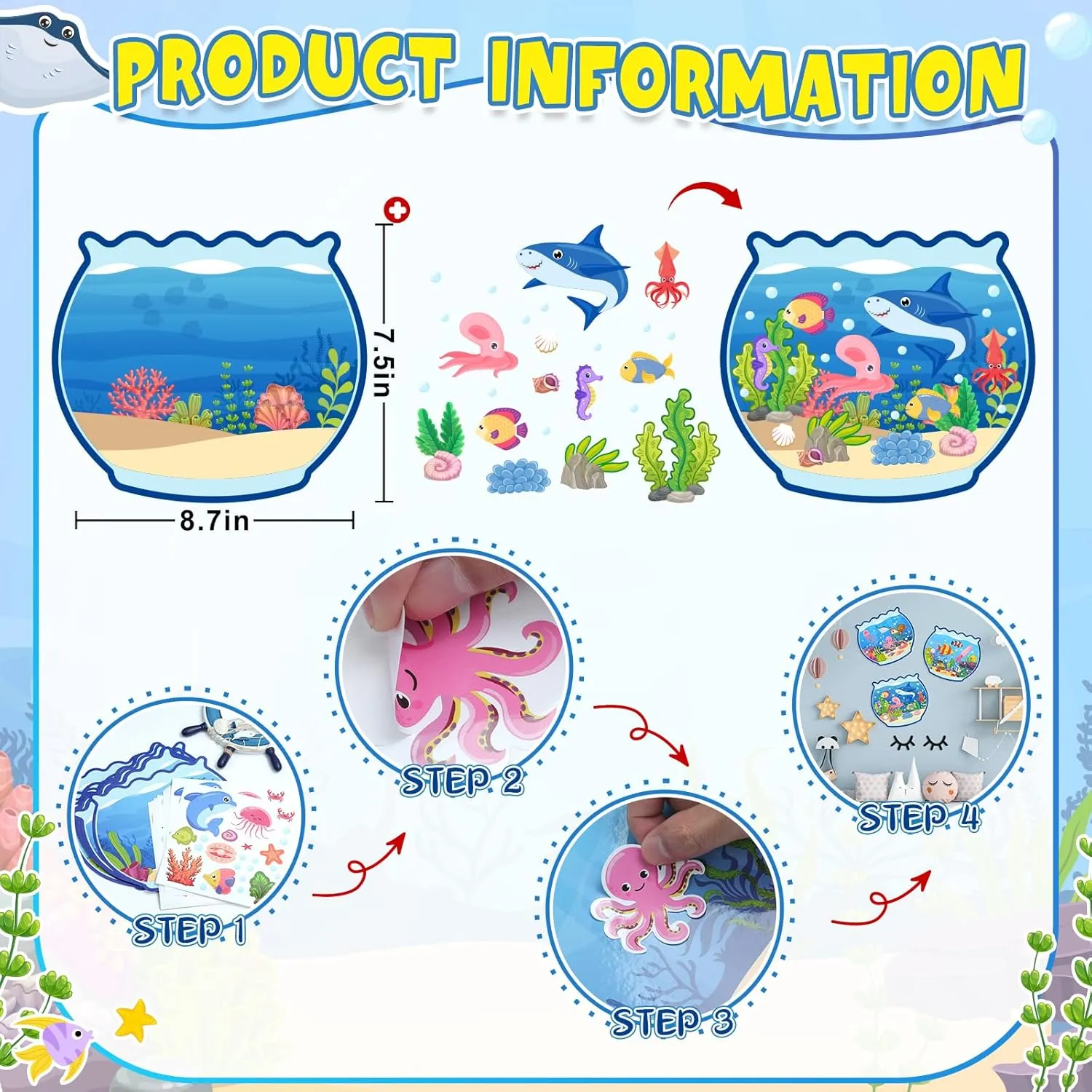 Summer Craft Kits for Kids Make A Ocean Animals Worlds Stickers Scene, Summer Craft Under The Sea Scene Sticker Shark Tropical Fish Sea Animal Bulk Set for Home Classroom Game Activities (24Set)