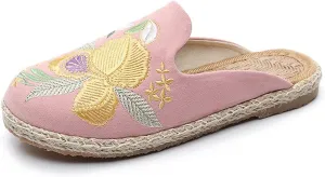 Summer Slippers for Women, Embroidered Shoes Women's, Chinese Floral Embroidery Slippers, Backless Mules Comfortable Flats Round Loafers Chinese Style Canvas Slippers Cute Sandals