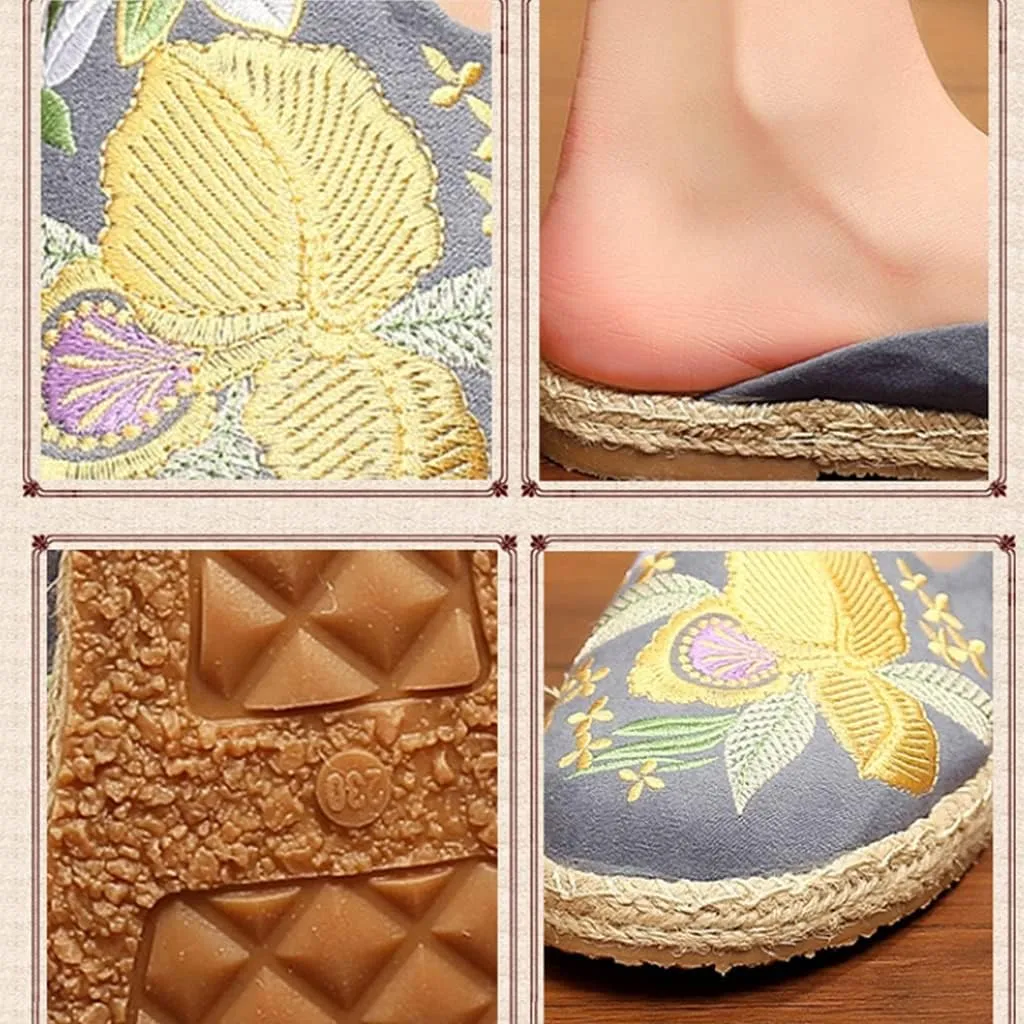 Summer Slippers for Women, Embroidered Shoes Women's, Chinese Floral Embroidery Slippers, Backless Mules Comfortable Flats Round Loafers Chinese Style Canvas Slippers Cute Sandals
