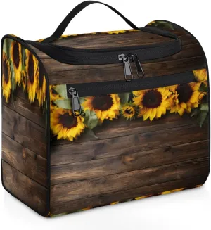 Sunflower Farmhouse Make Up Bags for Women Travel Toiletry Bag Portable Makeup Organizer Bag with Metal Hook and Dividers Inside