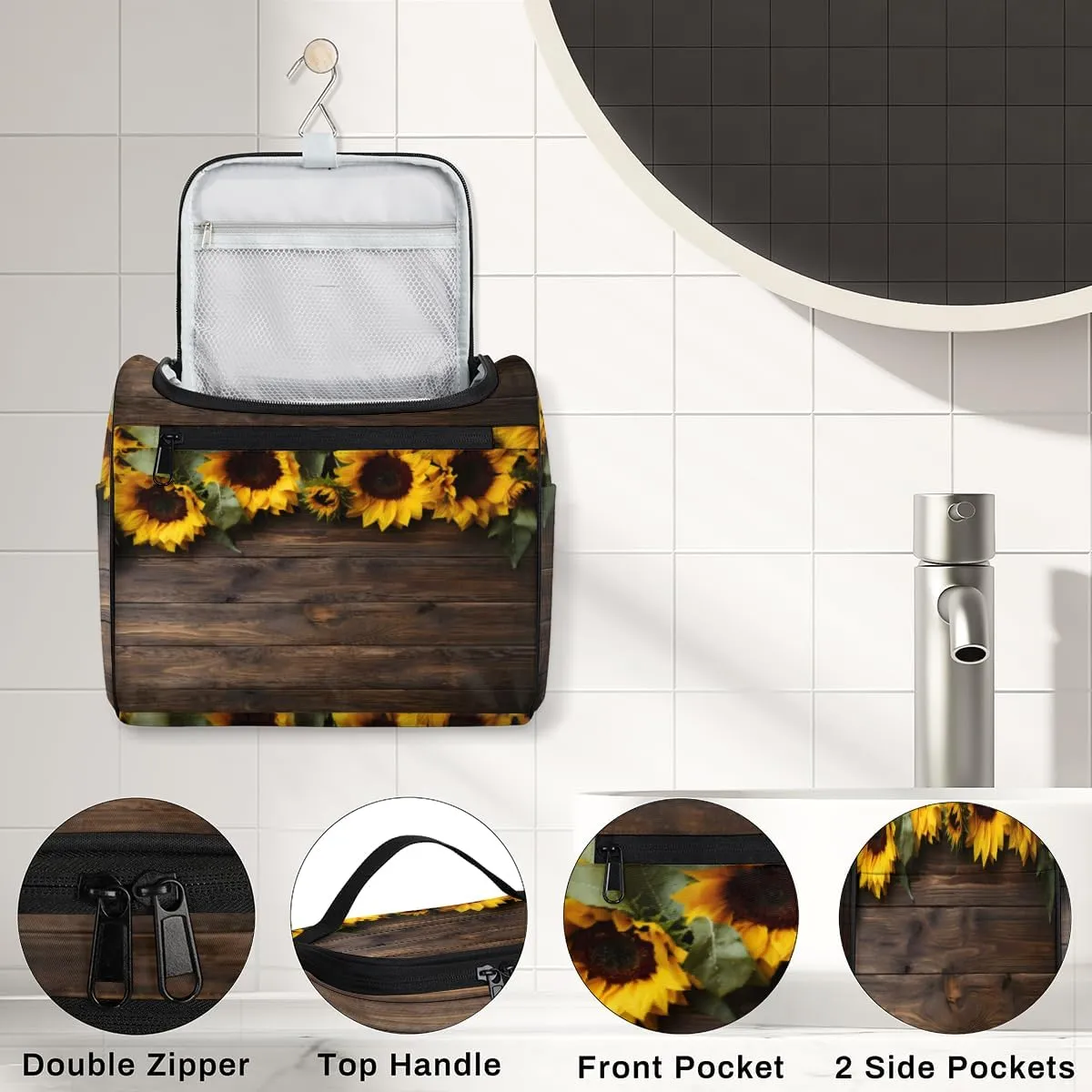 Sunflower Farmhouse Make Up Bags for Women Travel Toiletry Bag Portable Makeup Organizer Bag with Metal Hook and Dividers Inside