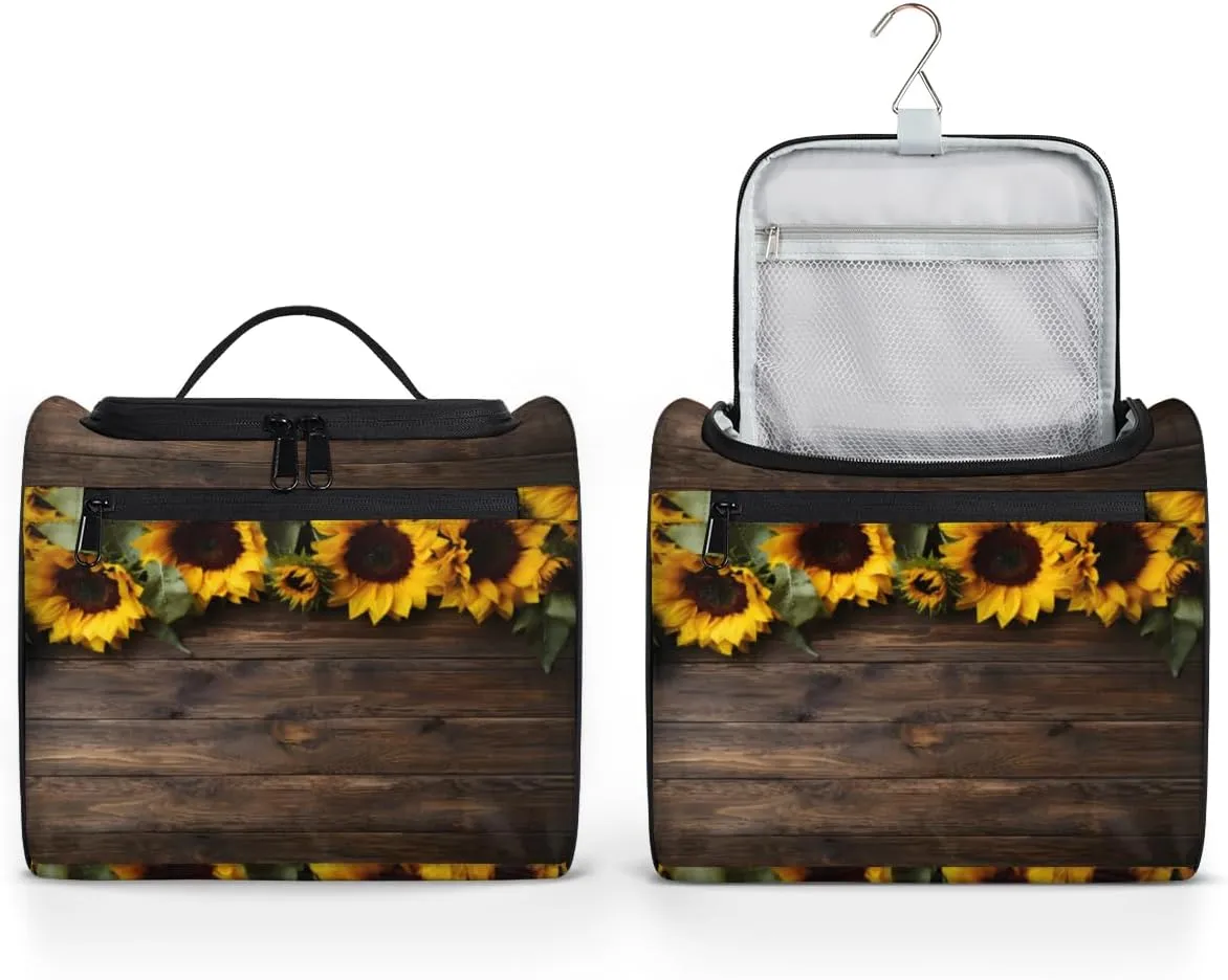 Sunflower Farmhouse Make Up Bags for Women Travel Toiletry Bag Portable Makeup Organizer Bag with Metal Hook and Dividers Inside