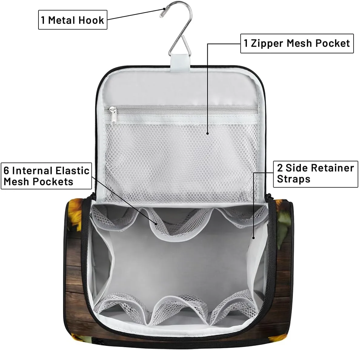 Sunflower Farmhouse Make Up Bags for Women Travel Toiletry Bag Portable Makeup Organizer Bag with Metal Hook and Dividers Inside