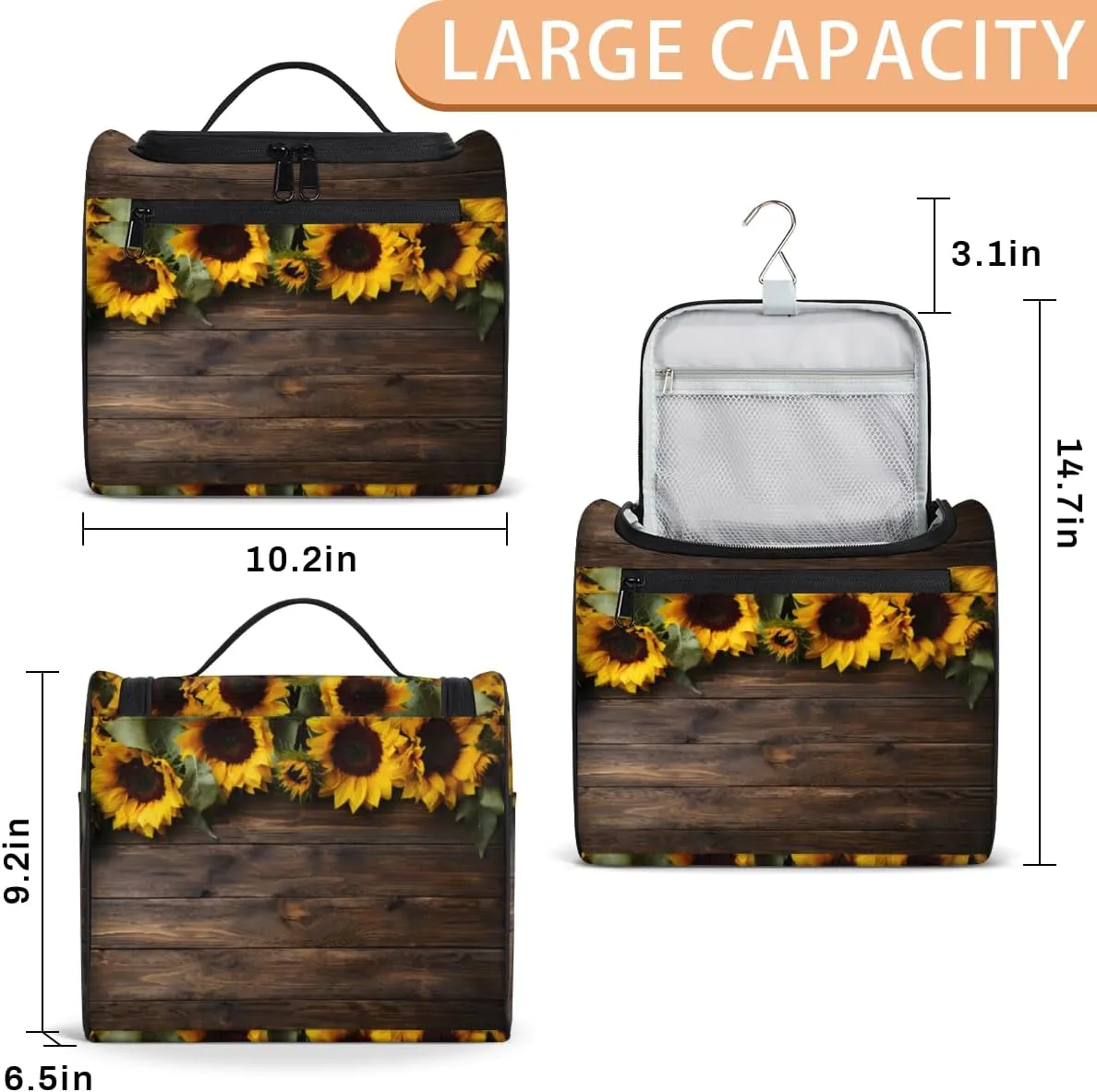 Sunflower Farmhouse Make Up Bags for Women Travel Toiletry Bag Portable Makeup Organizer Bag with Metal Hook and Dividers Inside