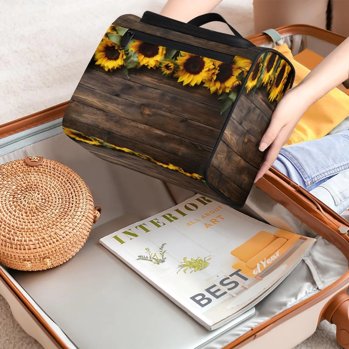 Sunflower Farmhouse Make Up Bags for Women Travel Toiletry Bag Portable Makeup Organizer Bag with Metal Hook and Dividers Inside