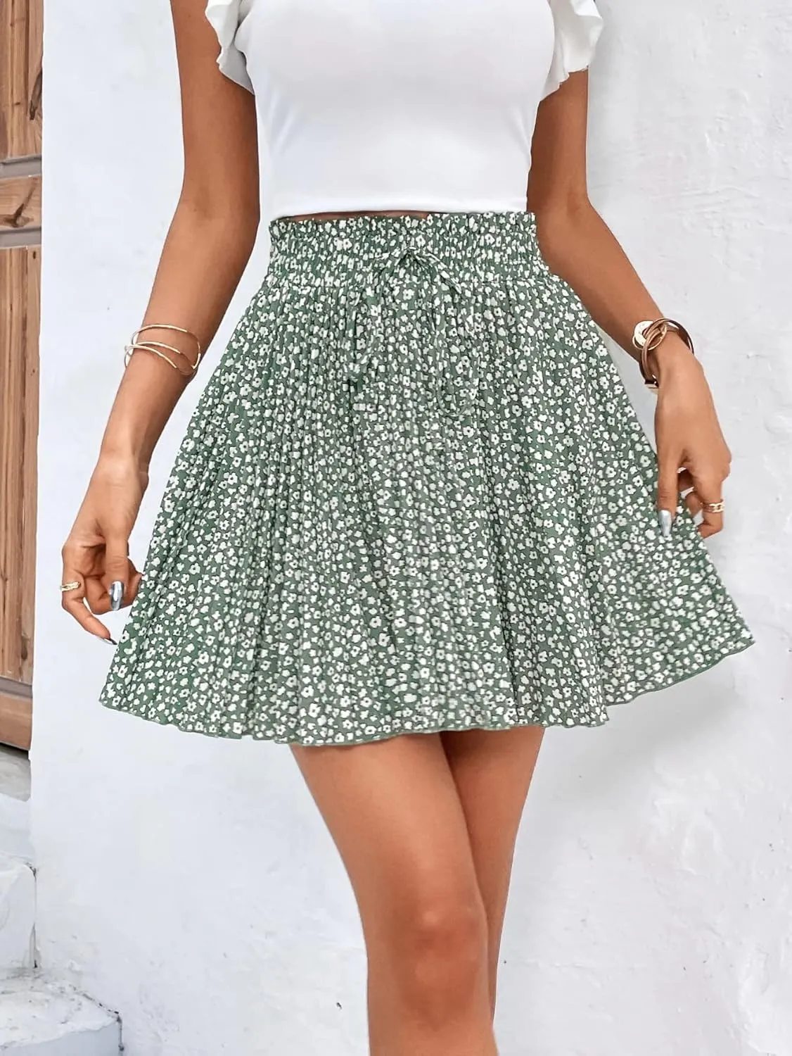 SweatyRocks Women's High Waist Mini Pleated Skater Skirt Flared A-Line Floral Short Skirt