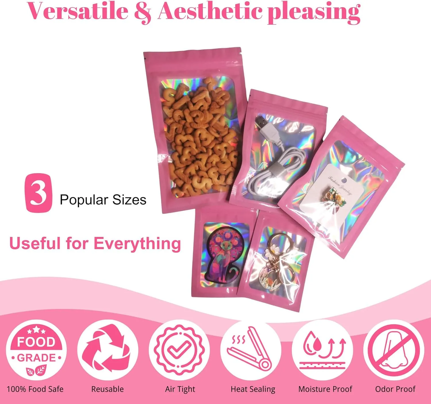 Sylvia Flower 300 Pack 3 Sizes Mylar Bags Smell Proof Bag with Clear Window, Resealable Holographic Packaging Bags for Jewelry Sample Snack Small Business (Pink, 3x4.7, 4x6, 4.7x7.9 inch)