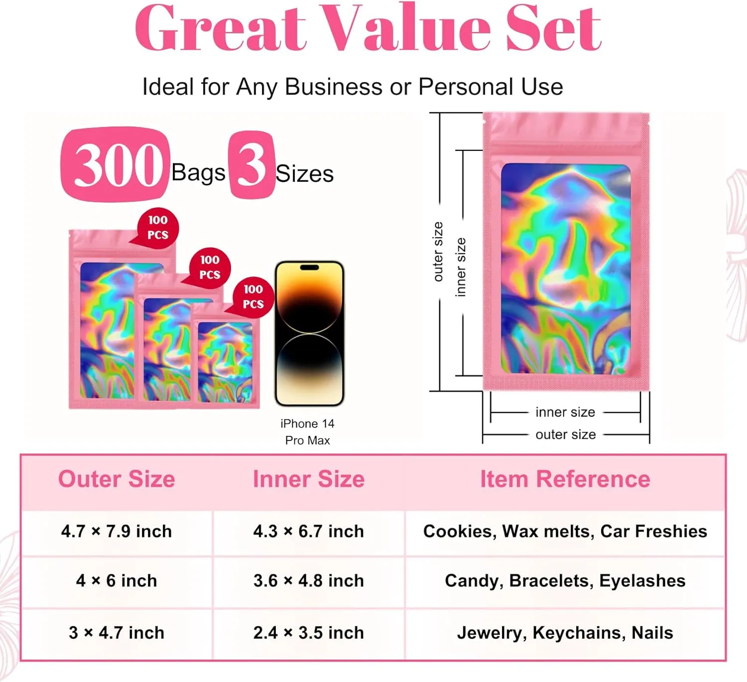 Sylvia Flower 300 Pack 3 Sizes Mylar Bags Smell Proof Bag with Clear Window, Resealable Holographic Packaging Bags for Jewelry Sample Snack Small Business (Pink, 3x4.7, 4x6, 4.7x7.9 inch)