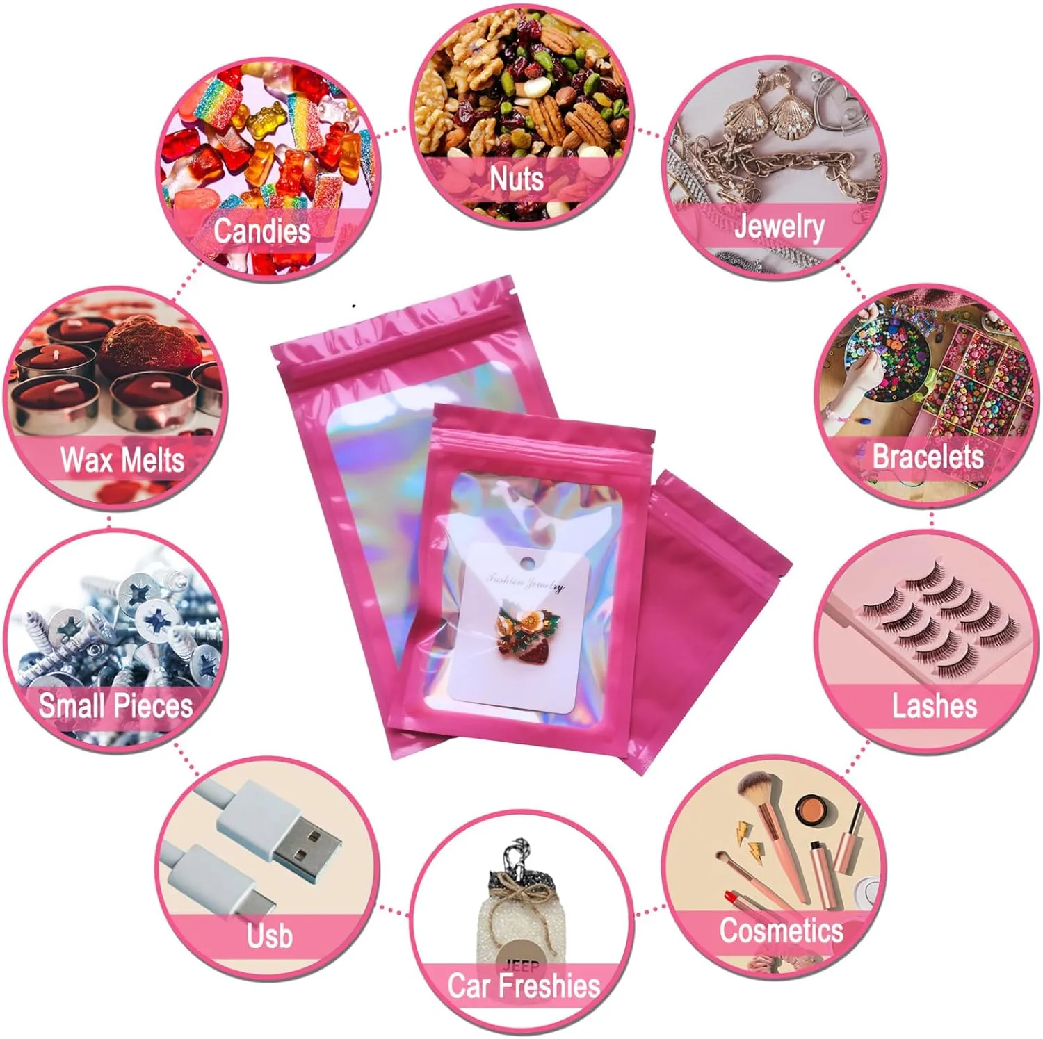 Sylvia Flower 300 Pack 3 Sizes Mylar Bags Smell Proof Bag with Clear Window, Resealable Holographic Packaging Bags for Jewelry Sample Snack Small Business (Pink, 3x4.7, 4x6, 4.7x7.9 inch)