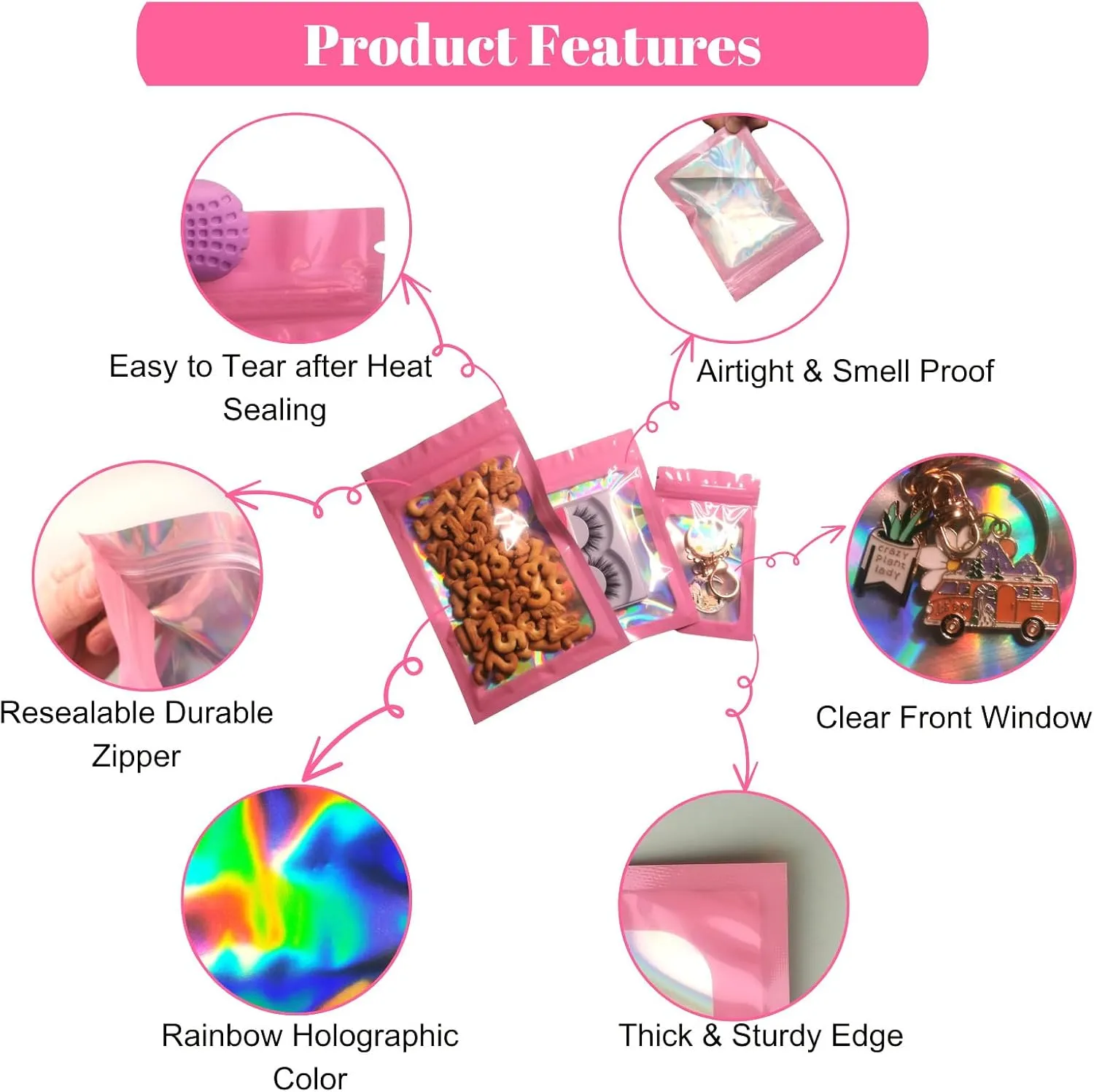 Sylvia Flower 300 Pack 3 Sizes Mylar Bags Smell Proof Bag with Clear Window, Resealable Holographic Packaging Bags for Jewelry Sample Snack Small Business (Pink, 3x4.7, 4x6, 4.7x7.9 inch)