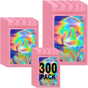 Sylvia Flower 300 Pack 3 Sizes Mylar Bags Smell Proof Bag with Clear Window, Resealable Holographic Packaging Bags for Jewelry Sample Snack Small Business (Pink, 3x4.7, 4x6, 4.7x7.9 inch)