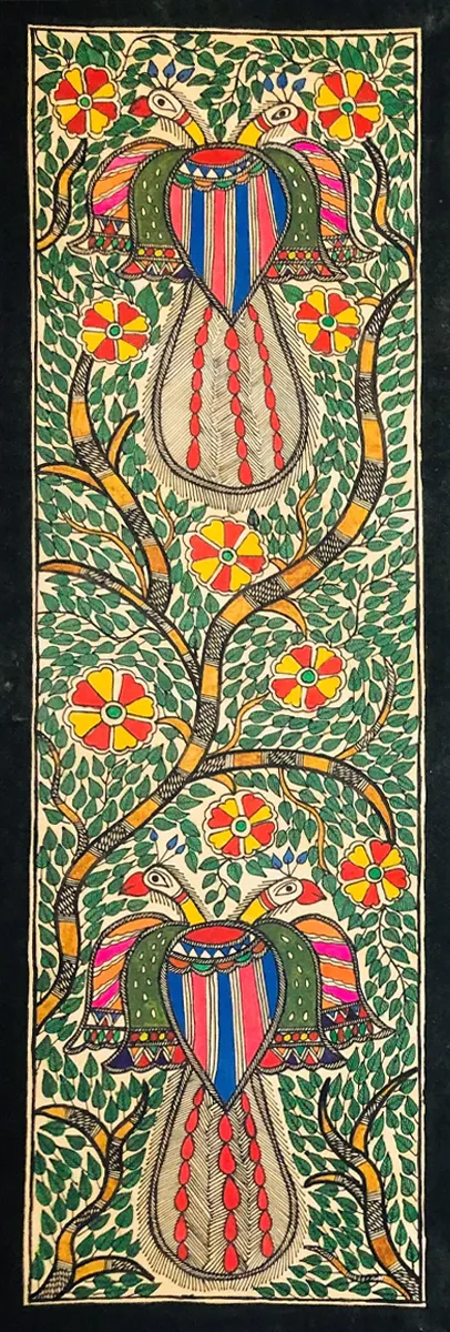 Symphony of Splendor: United Plumage in a Lush Madhubani Canvas by Ambika Devi