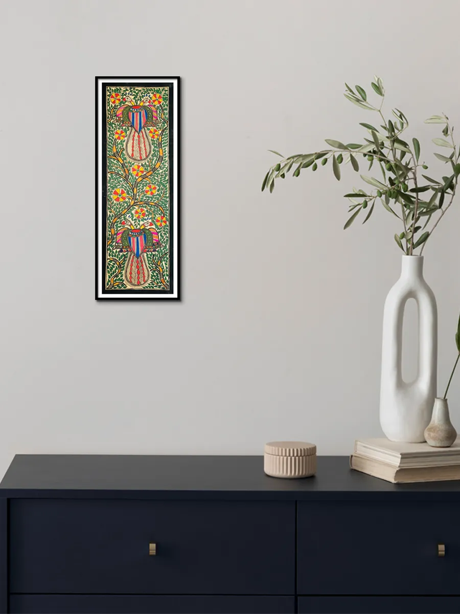 Symphony of Splendor: United Plumage in a Lush Madhubani Canvas by Ambika Devi