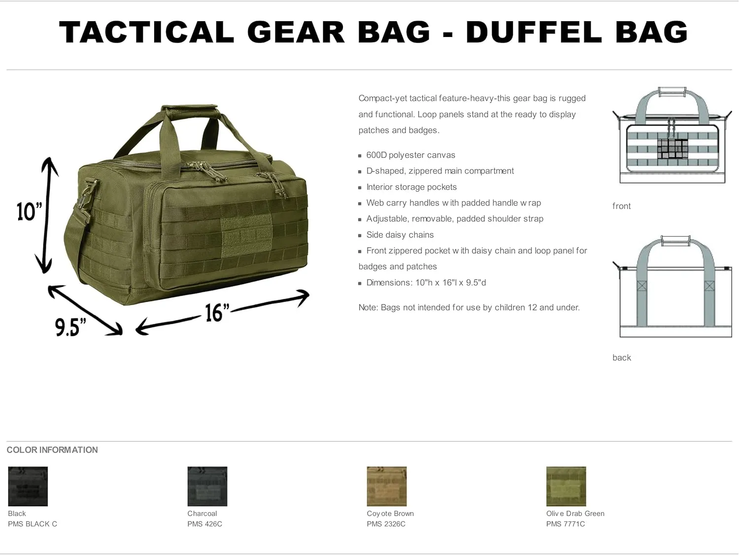Tactical Gear bag Heavy Duty Duffel Gym bag Custom Embroidered with your own text (Black)