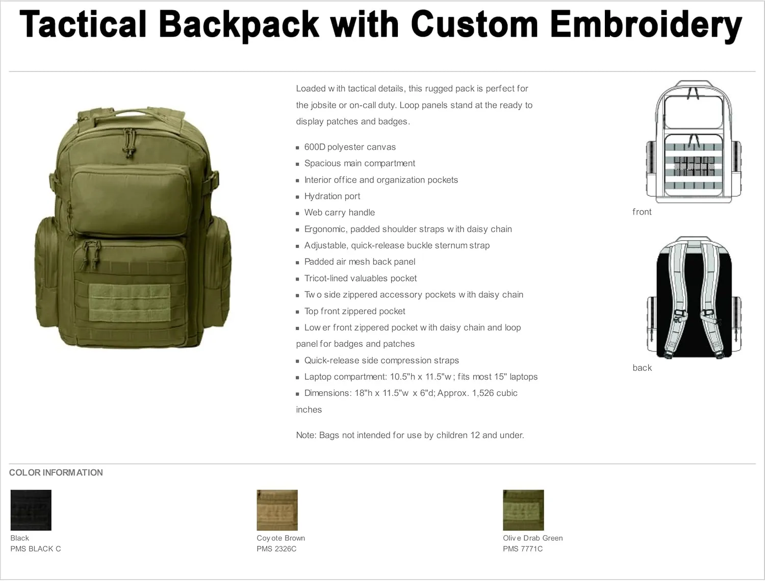 Tactical Gear bag Heavy Duty Duffel Gym bag/Tactical Backpack Custom Embroidered with your own text (Black Backpack)