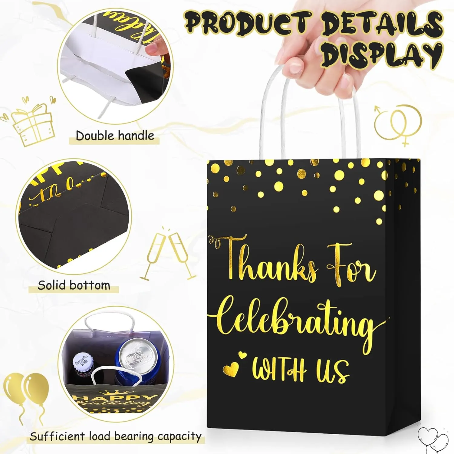 TaoBary 24 Pcs Wedding Gift Bag with Tissue Paper Thanks for Celebrating with Us Paper Bags with Handle for Hotel Guests Wedding Gift Favor for Bridal Shower Party(Black)