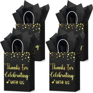 TaoBary 24 Pcs Wedding Gift Bag with Tissue Paper Thanks for Celebrating with Us Paper Bags with Handle for Hotel Guests Wedding Gift Favor for Bridal Shower Party(Black)