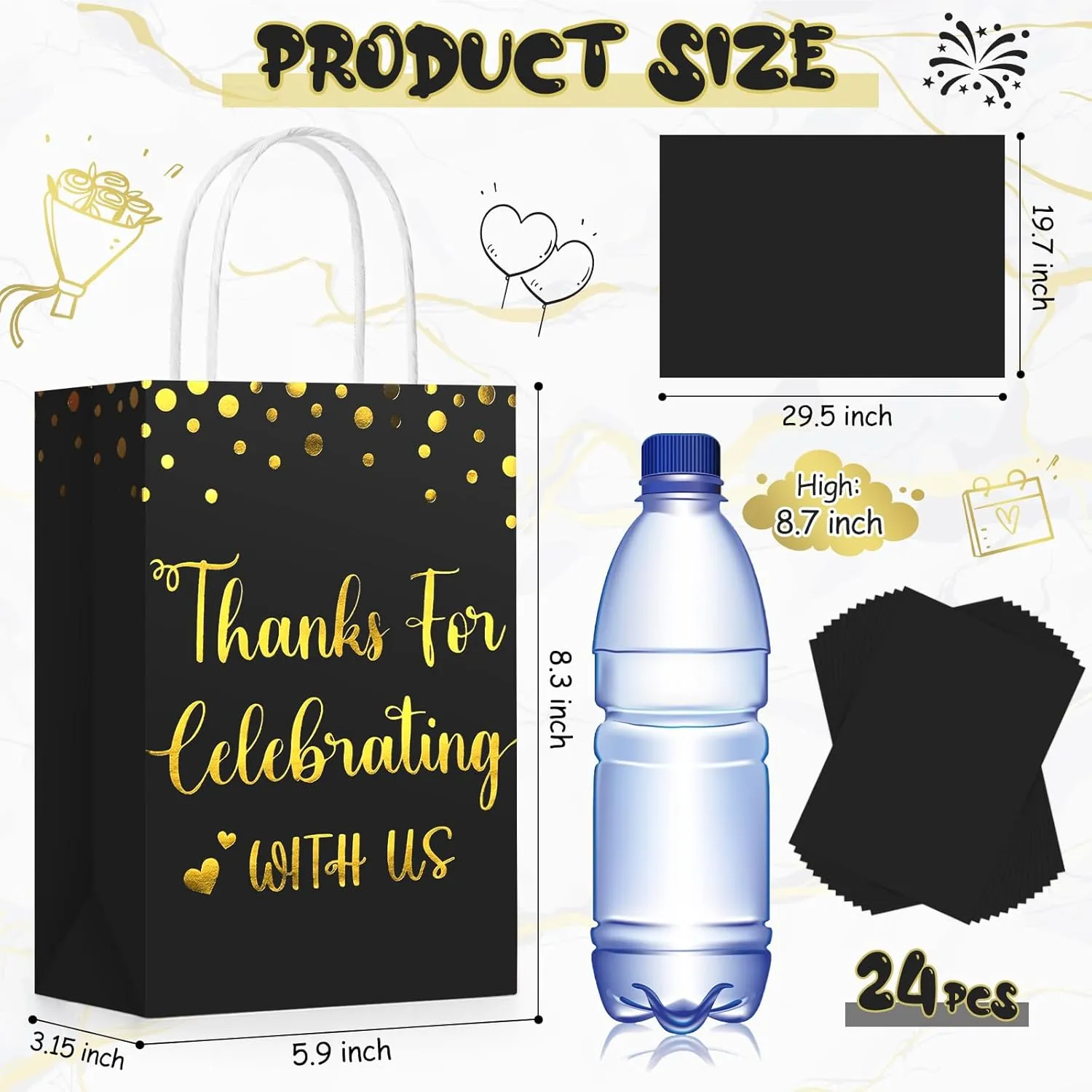 TaoBary 24 Pcs Wedding Gift Bag with Tissue Paper Thanks for Celebrating with Us Paper Bags with Handle for Hotel Guests Wedding Gift Favor for Bridal Shower Party(Black)