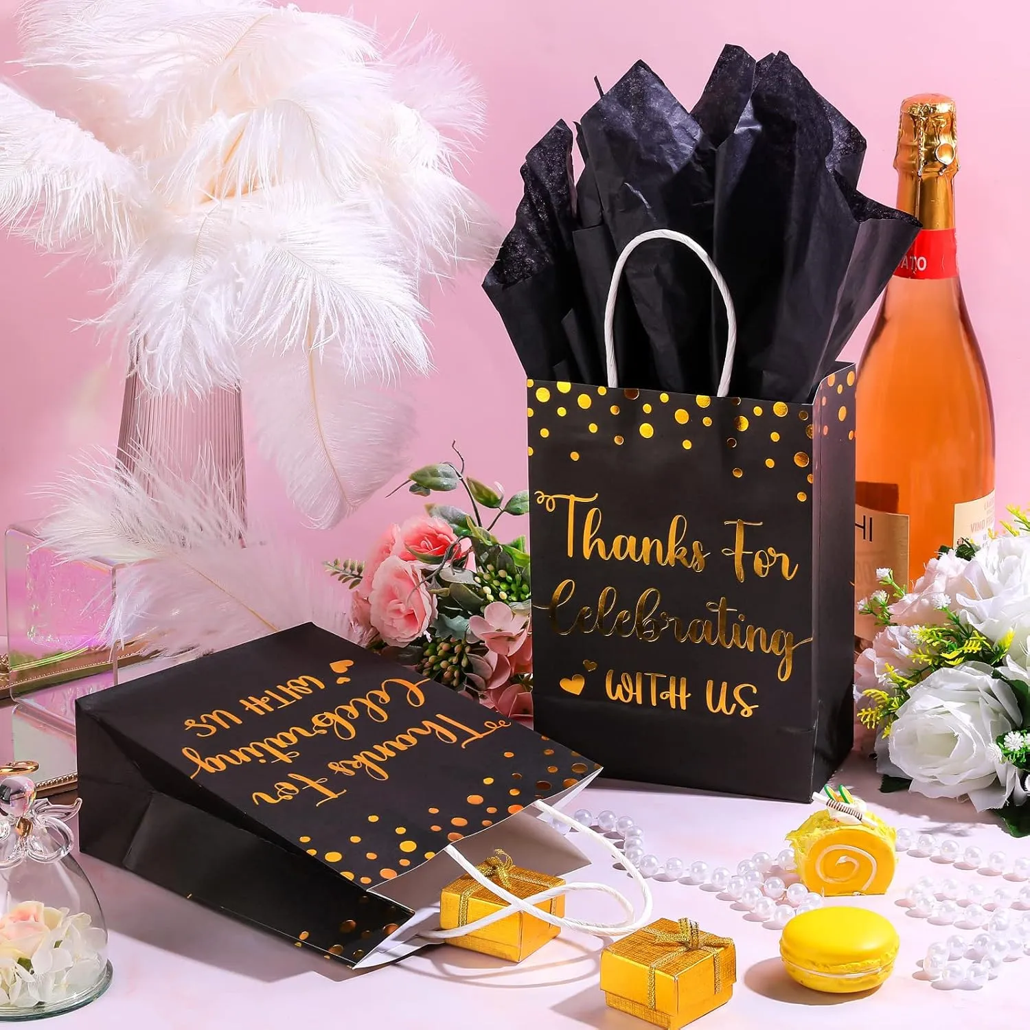 TaoBary 24 Pcs Wedding Gift Bag with Tissue Paper Thanks for Celebrating with Us Paper Bags with Handle for Hotel Guests Wedding Gift Favor for Bridal Shower Party(Black)