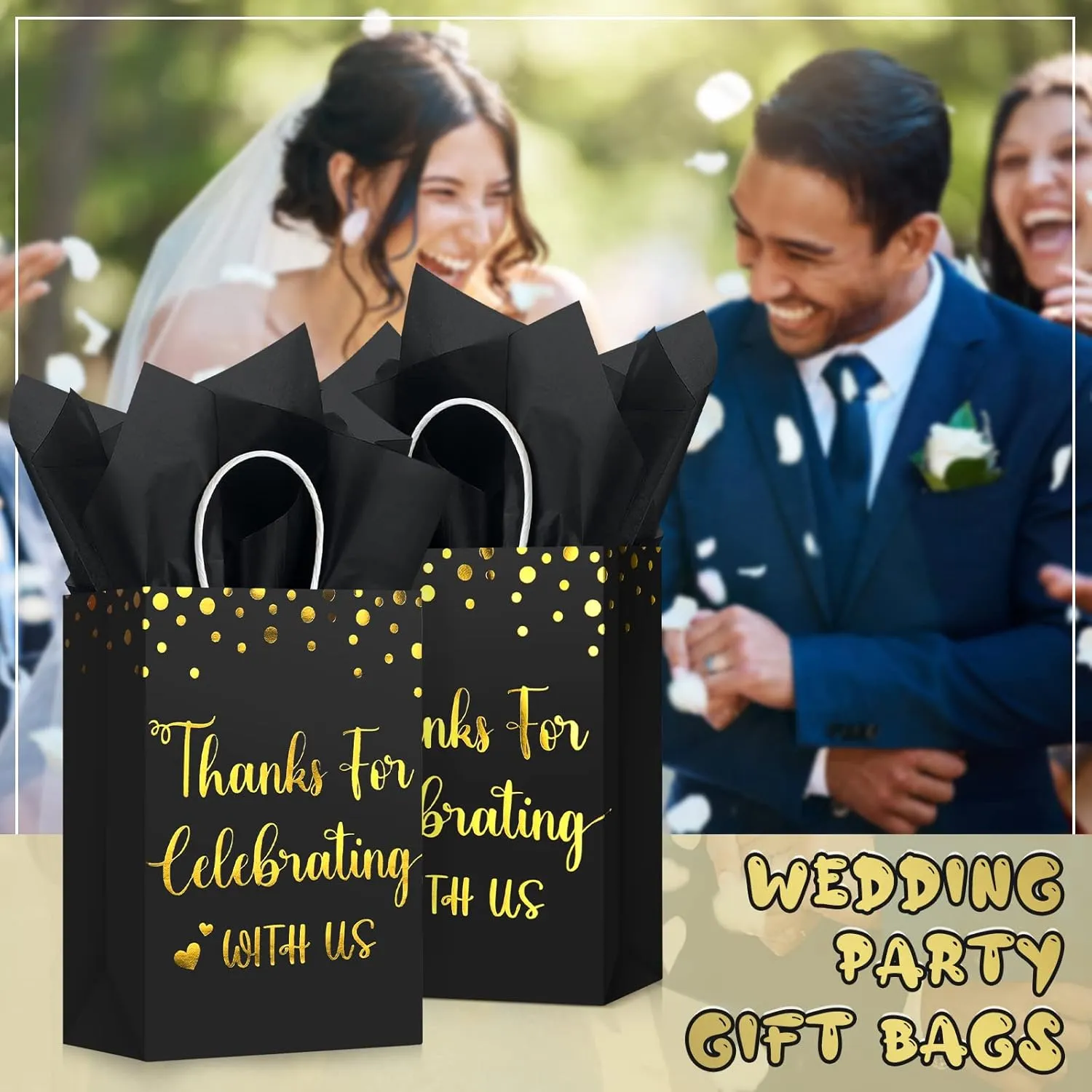 TaoBary 24 Pcs Wedding Gift Bag with Tissue Paper Thanks for Celebrating with Us Paper Bags with Handle for Hotel Guests Wedding Gift Favor for Bridal Shower Party(Black)