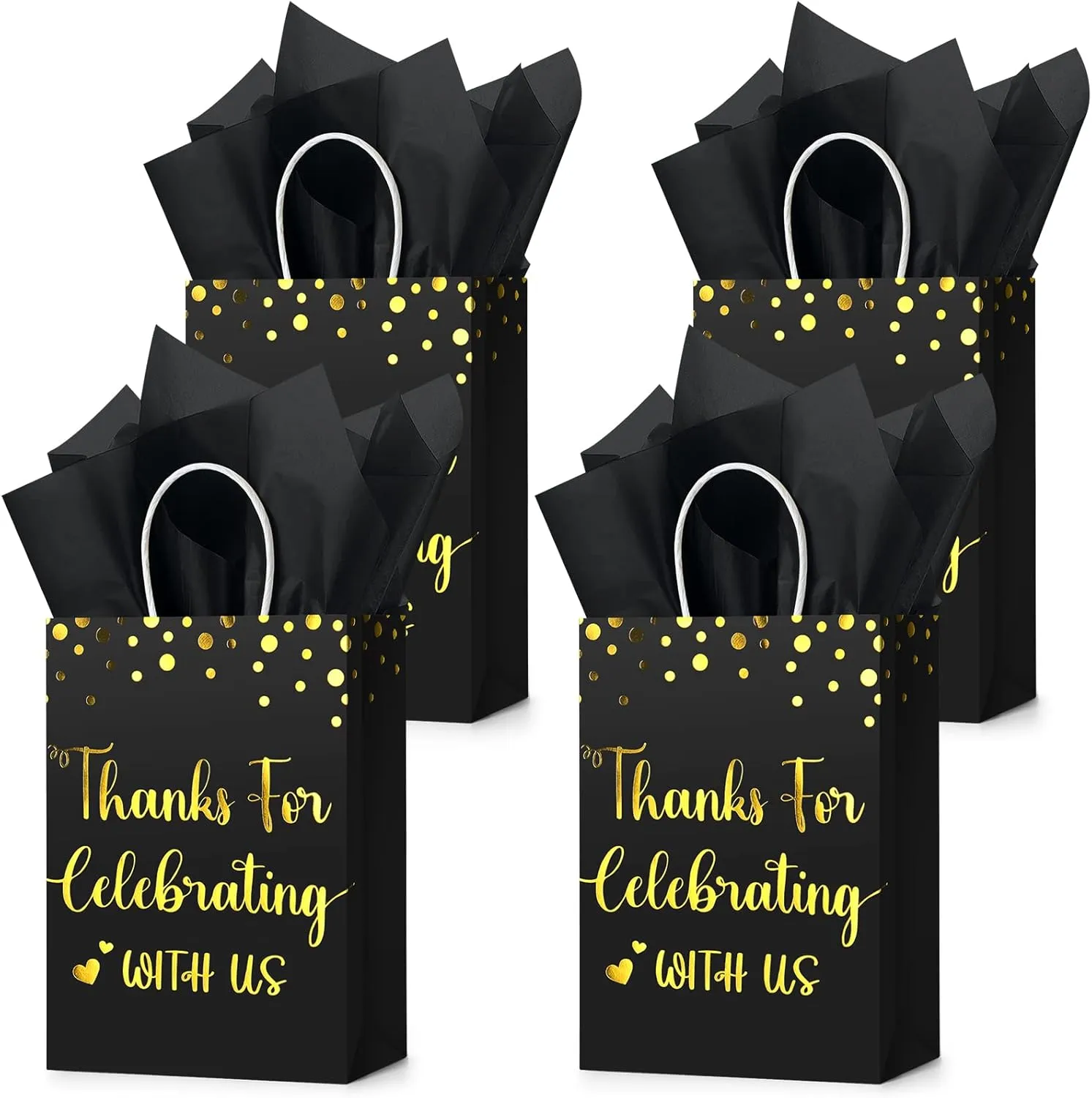 TaoBary 24 Pcs Wedding Gift Bag with Tissue Paper Thanks for Celebrating with Us Paper Bags with Handle for Hotel Guests Wedding Gift Favor for Bridal Shower Party(Black)