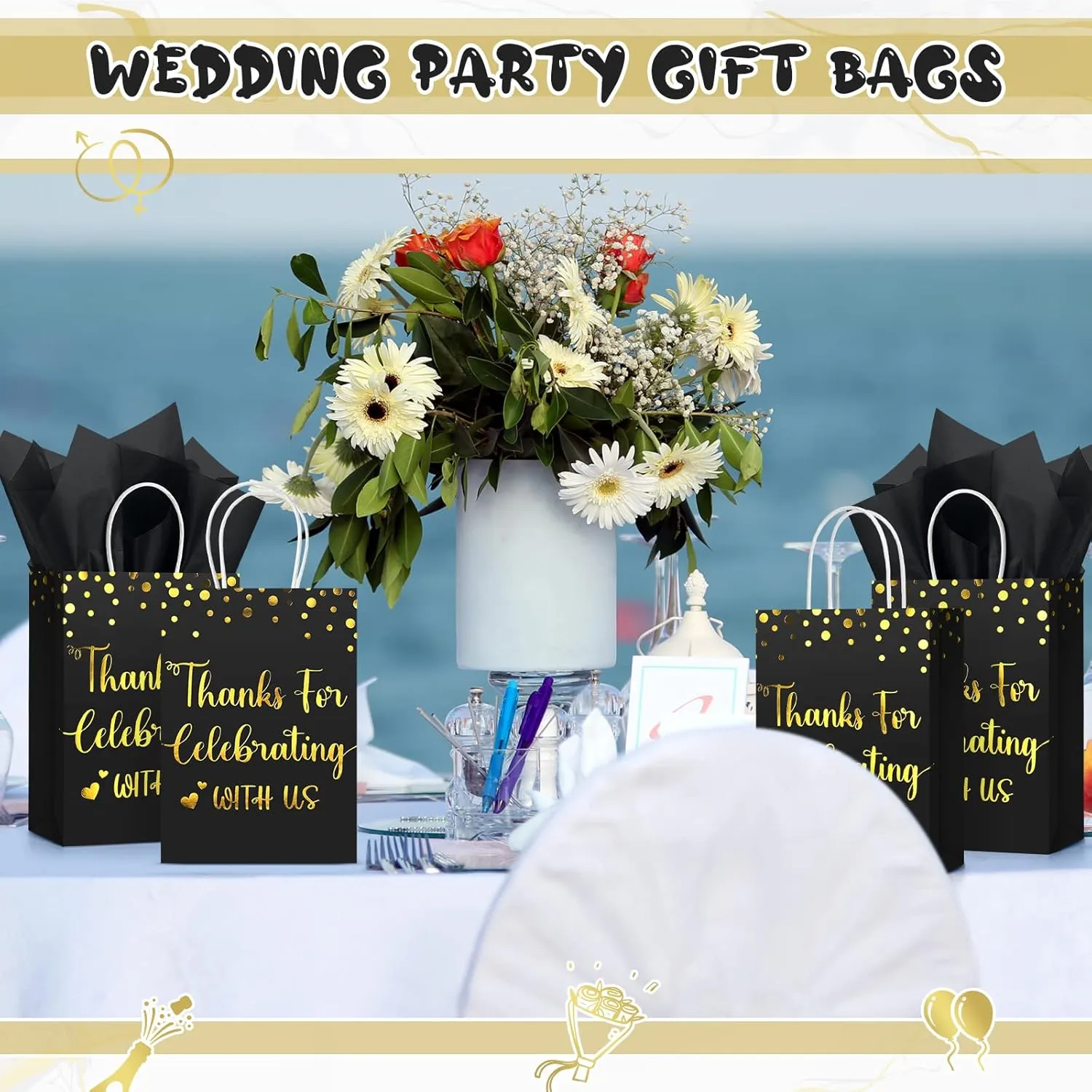 TaoBary 24 Pcs Wedding Gift Bag with Tissue Paper Thanks for Celebrating with Us Paper Bags with Handle for Hotel Guests Wedding Gift Favor for Bridal Shower Party(Black)