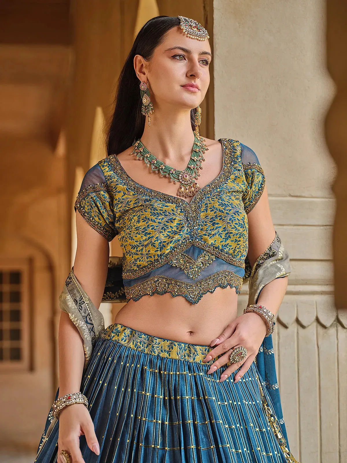 Teal Blue Designer Smooth Silk Foil Print Sangeet Lehenga