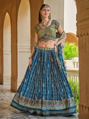 Teal Blue Designer Smooth Silk Foil Print Sangeet Lehenga
