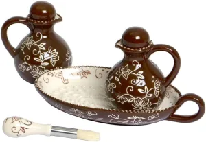 Temp-tations Mini Pitcher Oil & Vinegar Cruet Set with Grater Tray & Brush (Floral Lace Chocolate)