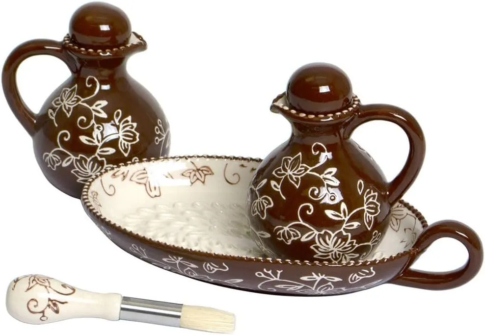 Temp-tations Mini Pitcher Oil & Vinegar Cruet Set with Grater Tray & Brush (Floral Lace Chocolate)