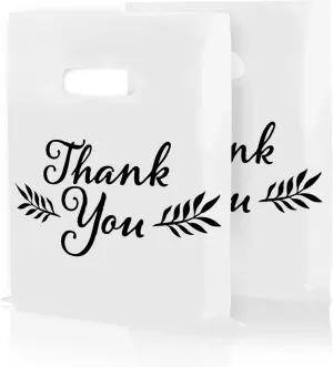 Thank You Bags, Merchandise Bags, Thank You Plastic Bag, For Boutique, Retail, Shopping, Gift, Small Business, Customers, Product, Vendor, Store, Events, With Handles, White, 12” x 15”, Bulk 100 Pack