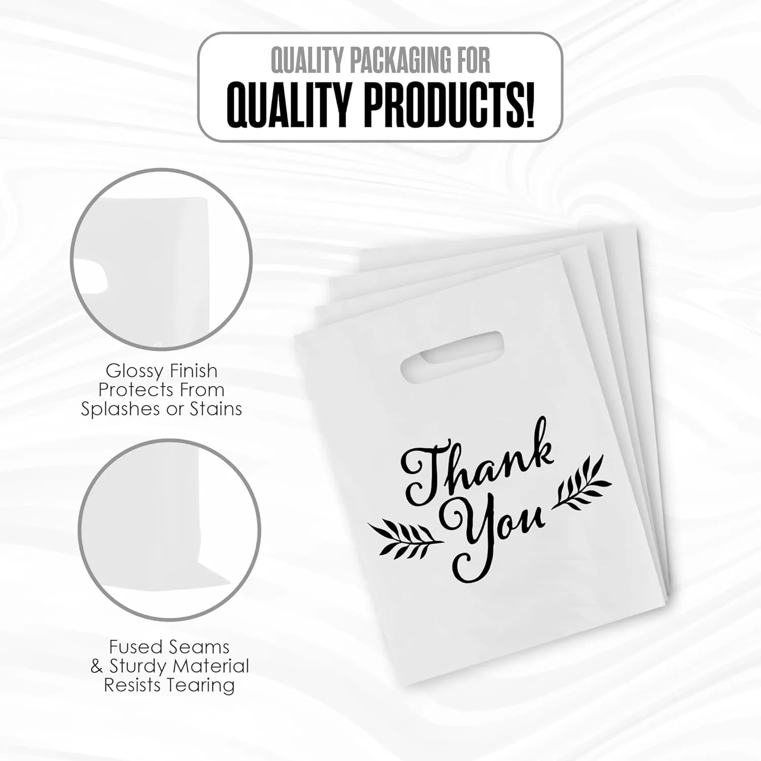 Thank You Bags, Merchandise Bags, Thank You Plastic Bag, For Boutique, Retail, Shopping, Gift, Small Business, Customers, Product, Vendor, Store, Events, With Handles, White, 12” x 15”, Bulk 100 Pack