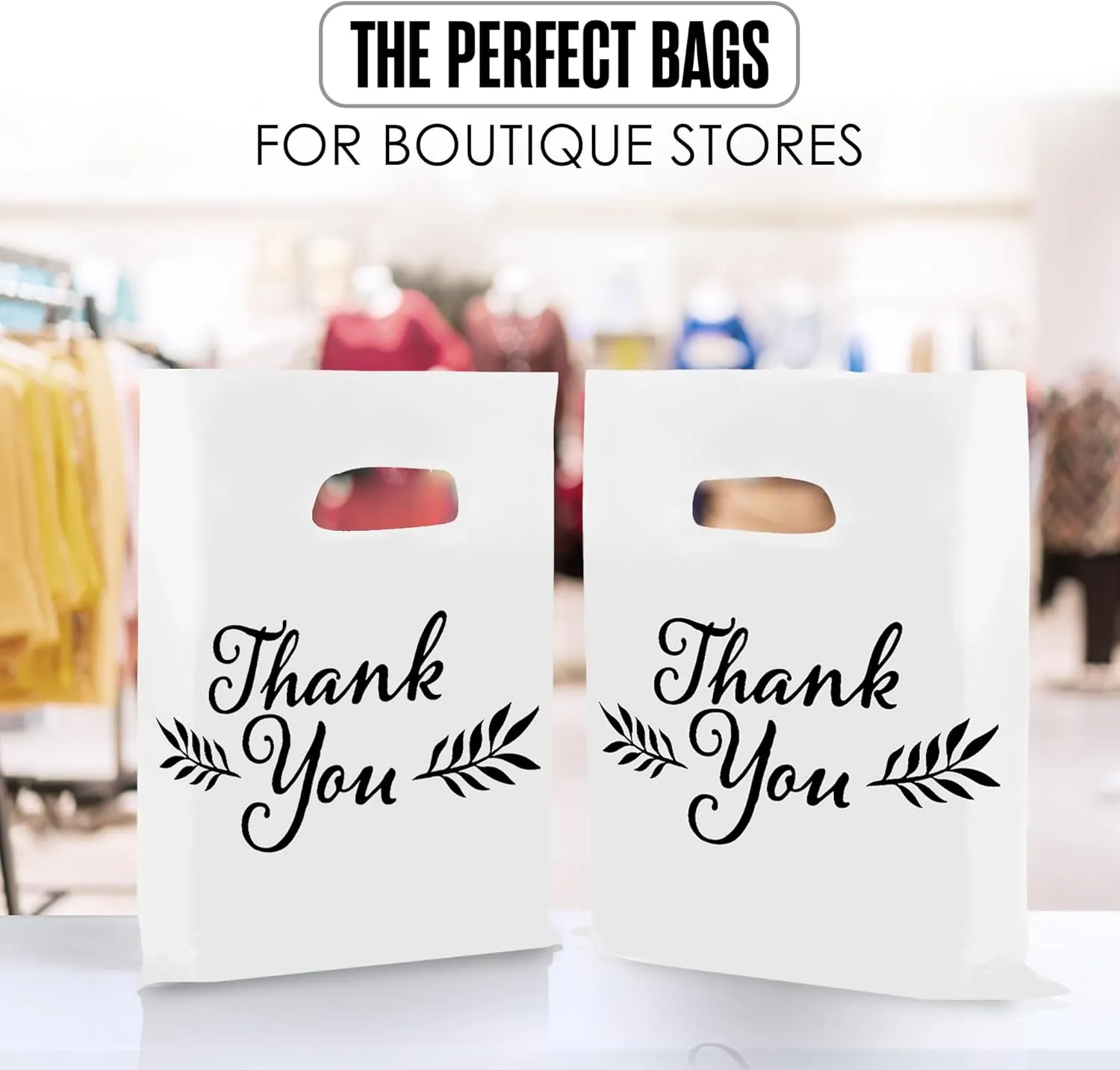 Thank You Bags, Merchandise Bags, Thank You Plastic Bag, For Boutique, Retail, Shopping, Gift, Small Business, Customers, Product, Vendor, Store, Events, With Handles, White, 12” x 15”, Bulk 100 Pack