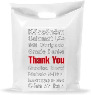 Thank You White Merchandise Plastic Shopping Bags - 100 Pack 12" x 18" with 2 mil Thick - Die Cut Handles - Perfect for Retail Shops, Party Favors, Birthdays, Parties - Color White - 100% Recyclable