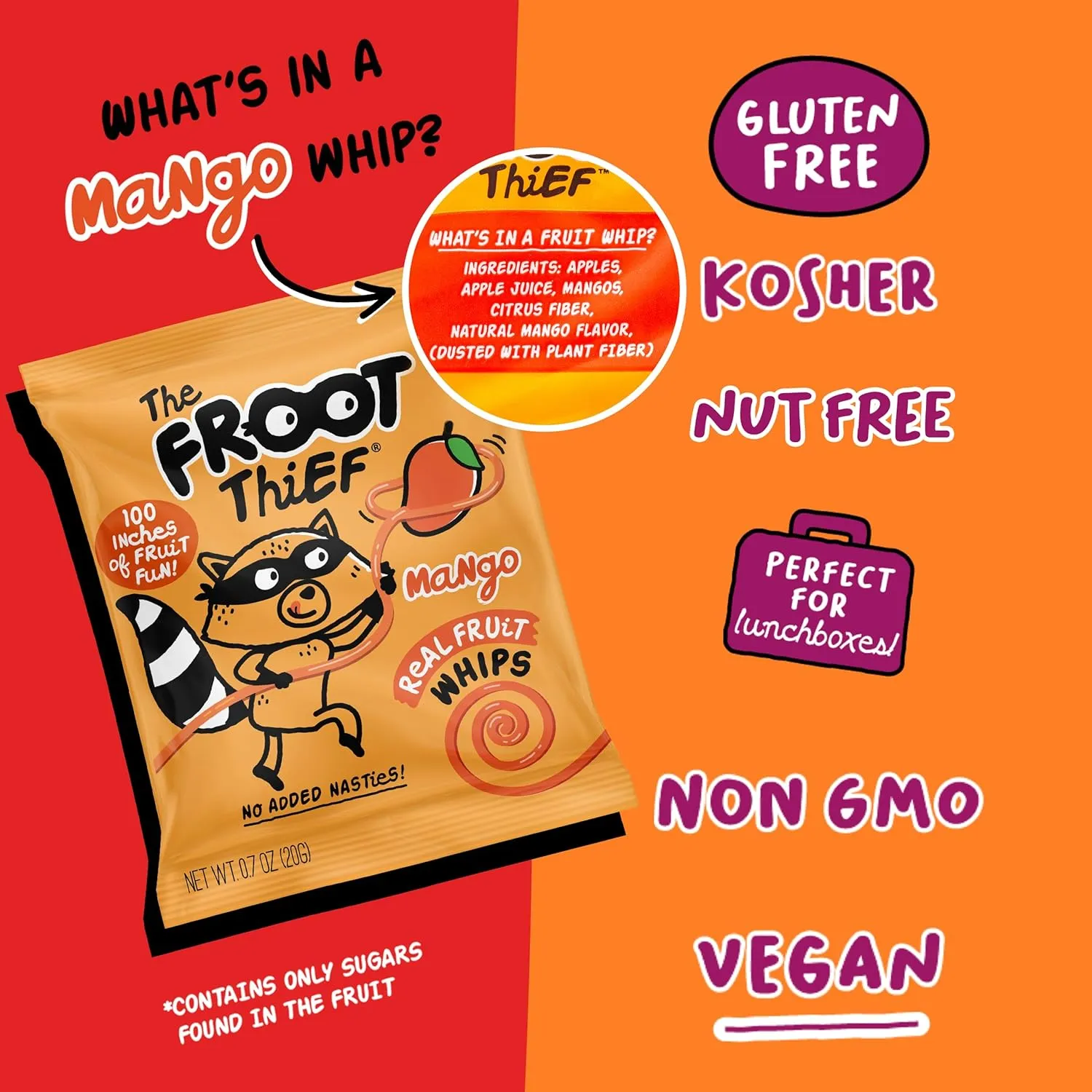 The FROOT Thief Real Fruit Snack Whips, Mango, Nut Free, Perfect for School Lunches and Snacks, Individual Bags Kids Snacks, 40 Pack