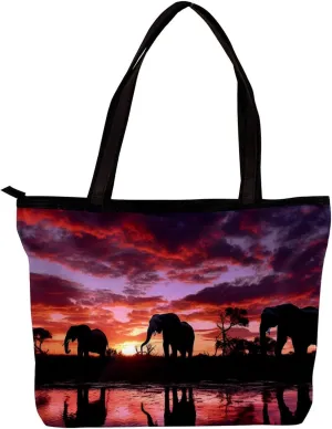 The Tote Bag For Women,Purses For Women,Handbags For Women,African Sunset Grassland Elephant Handbags
