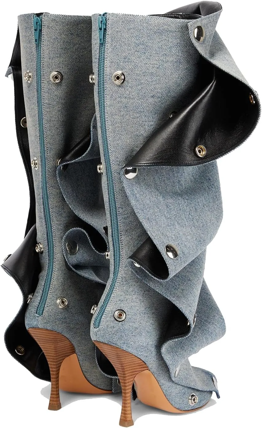THESHY Women's Denim Knee High Boots Buttons Fashion Thigh High Boots Pointed Toe Stiletto High Heel Pleated Fold Over Party Dress Jean Boots for Women