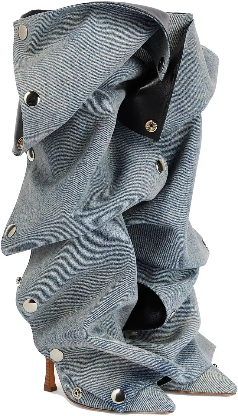 THESHY Women's Denim Knee High Boots Buttons Fashion Thigh High Boots Pointed Toe Stiletto High Heel Pleated Fold Over Party Dress Jean Boots for Women