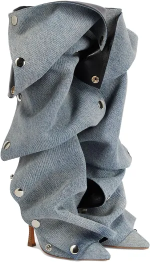 THESHY Women's Denim Knee High Boots Buttons Fashion Thigh High Boots Pointed Toe Stiletto High Heel Pleated Fold Over Party Dress Jean Boots for Women