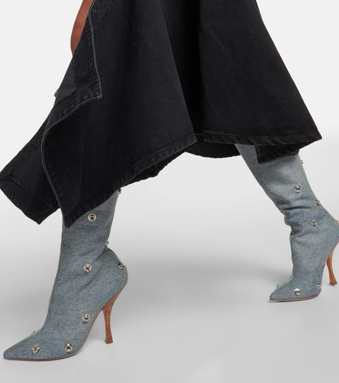 THESHY Women's Denim Knee High Boots Buttons Fashion Thigh High Boots Pointed Toe Stiletto High Heel Pleated Fold Over Party Dress Jean Boots for Women